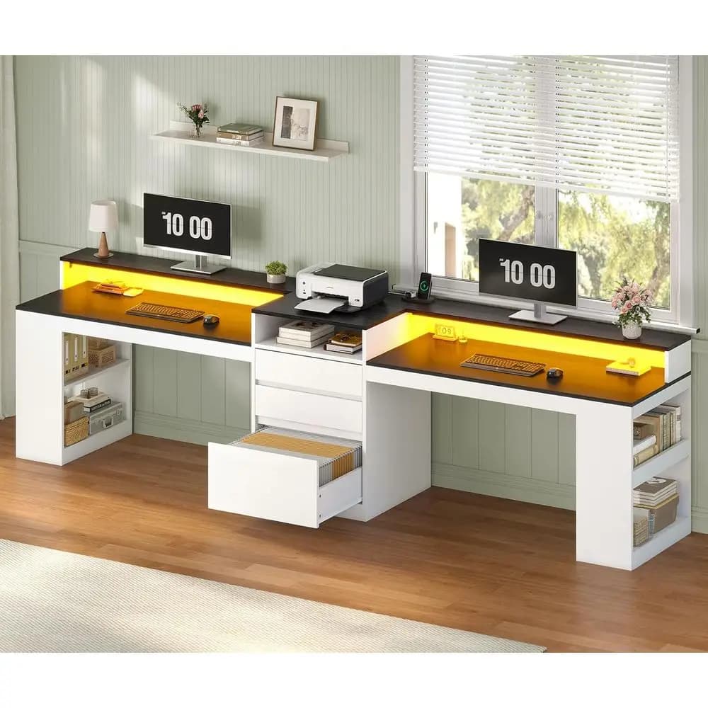 LED illuminated double workstation desk with power socket, storage and support for home office monitor or games, white