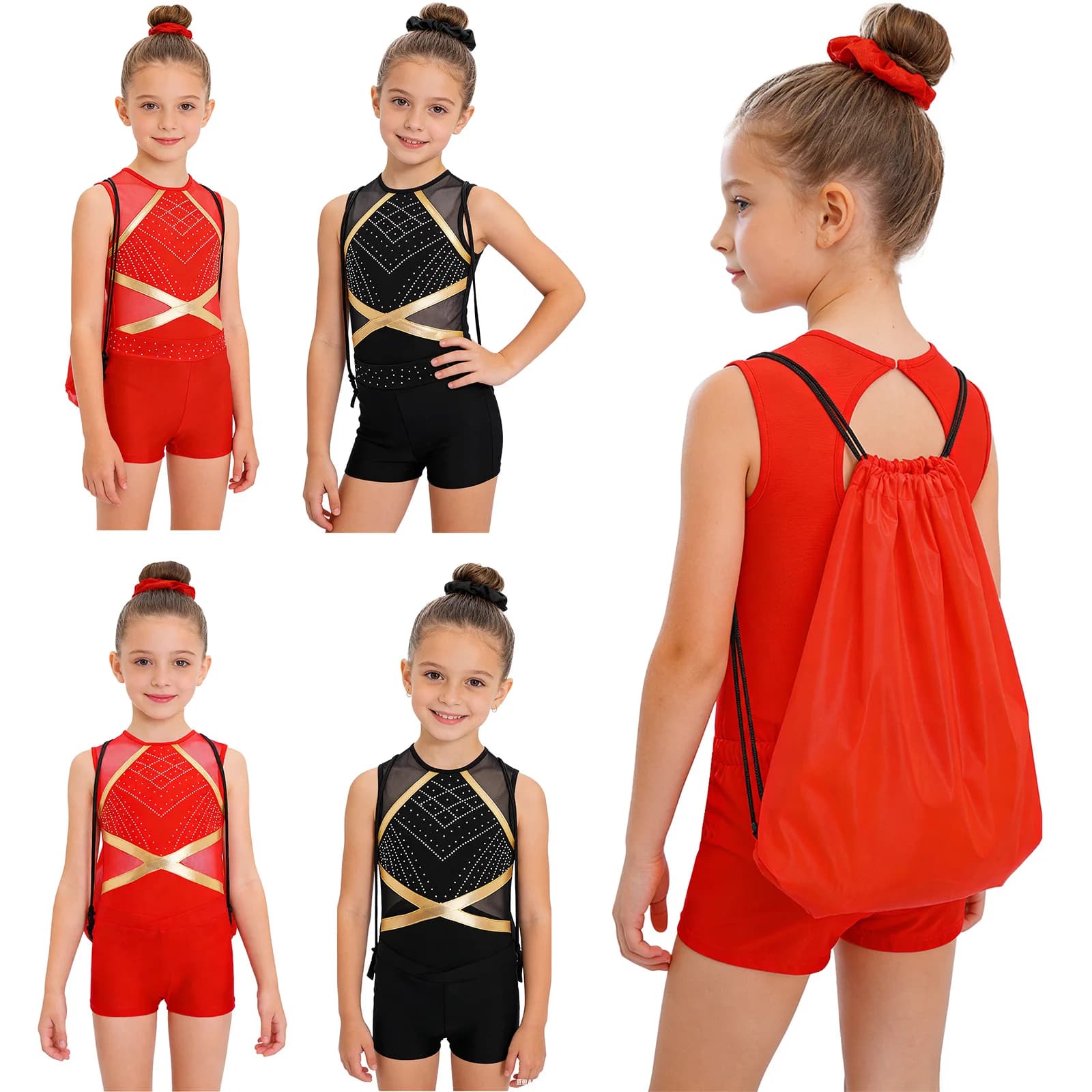 Body da Danza per Bambine Senza Maniche con Strass e Rete, per Ginnastica, Pattinaggio, Acrobatica, Balletto, con Pantaloncini, Fascia per Capelli e Zaino