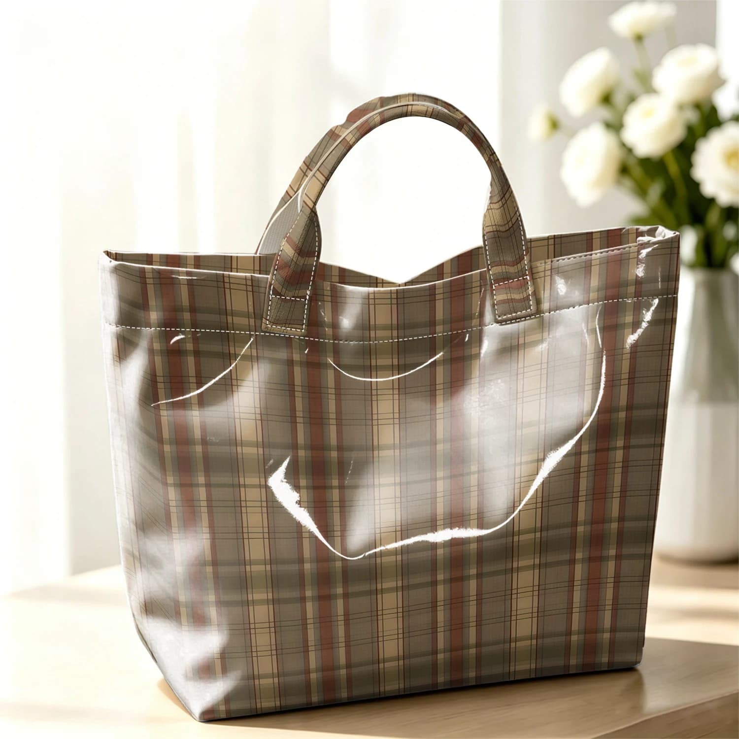 Warm Tan Checkerboard Fashion Large Glossy PVC Tote Bag Hand Washable Waterproof Perfect Travel Commute Cosmetic Storage Shopper