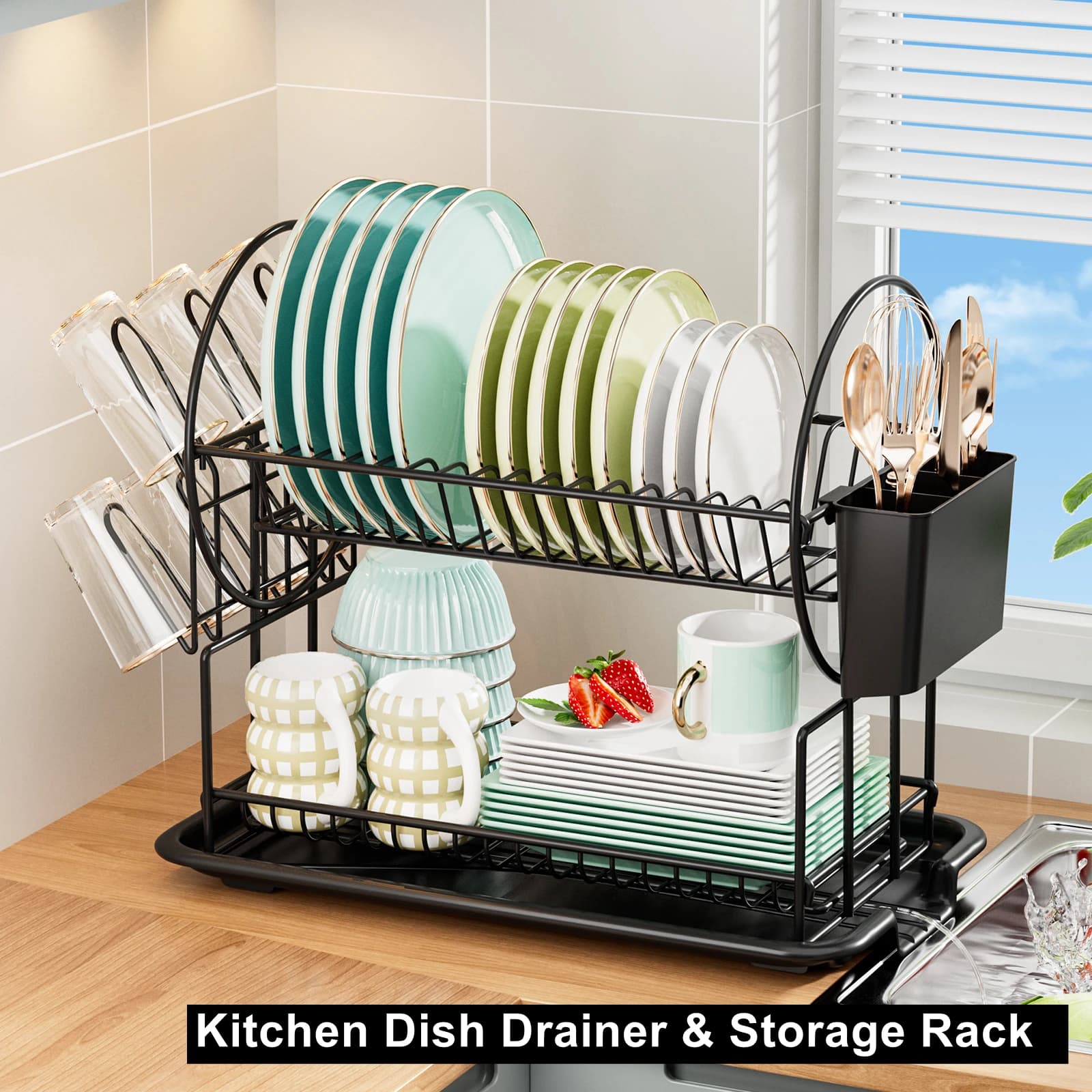 2 tier dish drying rack drain board set tableware drainer Kitchen countertop storage rack cup holder Knife and fork holder