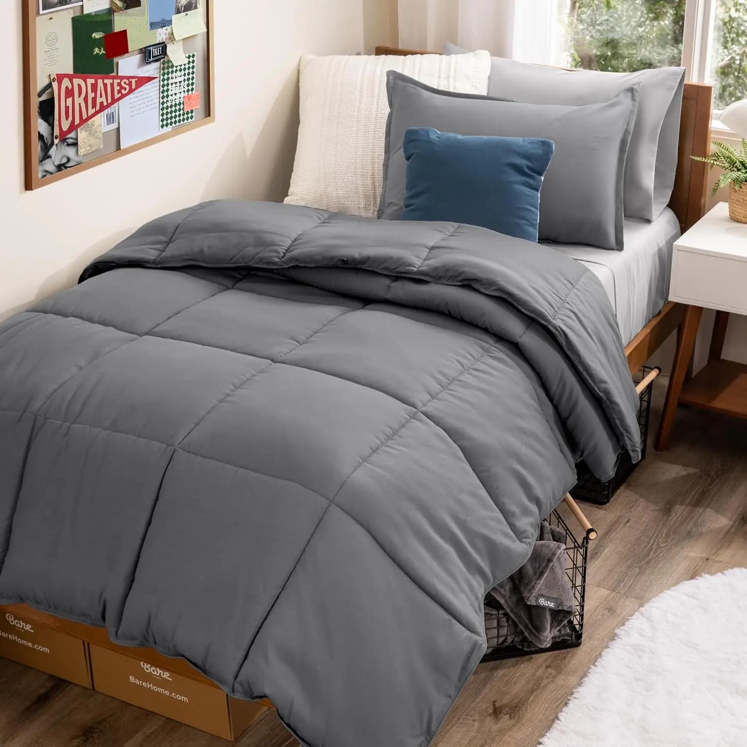Set Letto Twin XL in Confezione: 5 Pezzi con Piumino Alternativo alla Piuma d'Oca e Lenzuola, Biancheria da Letto Premium Ultra-Morbida Grigio/Grigio Chiaro