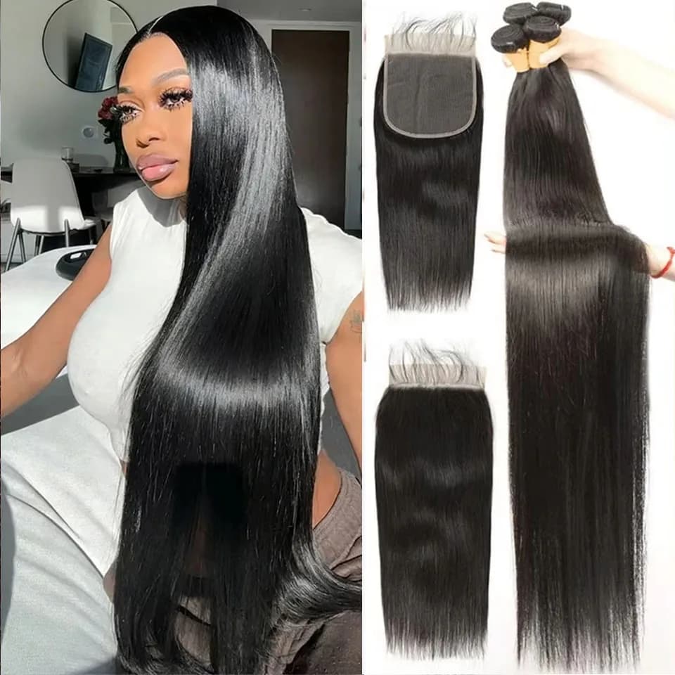 Straight Hair Extensions with Front Closure 13x4 in Lace, 100% Brasilian Hair, Straight Hair Band with 4x4, Human Hair