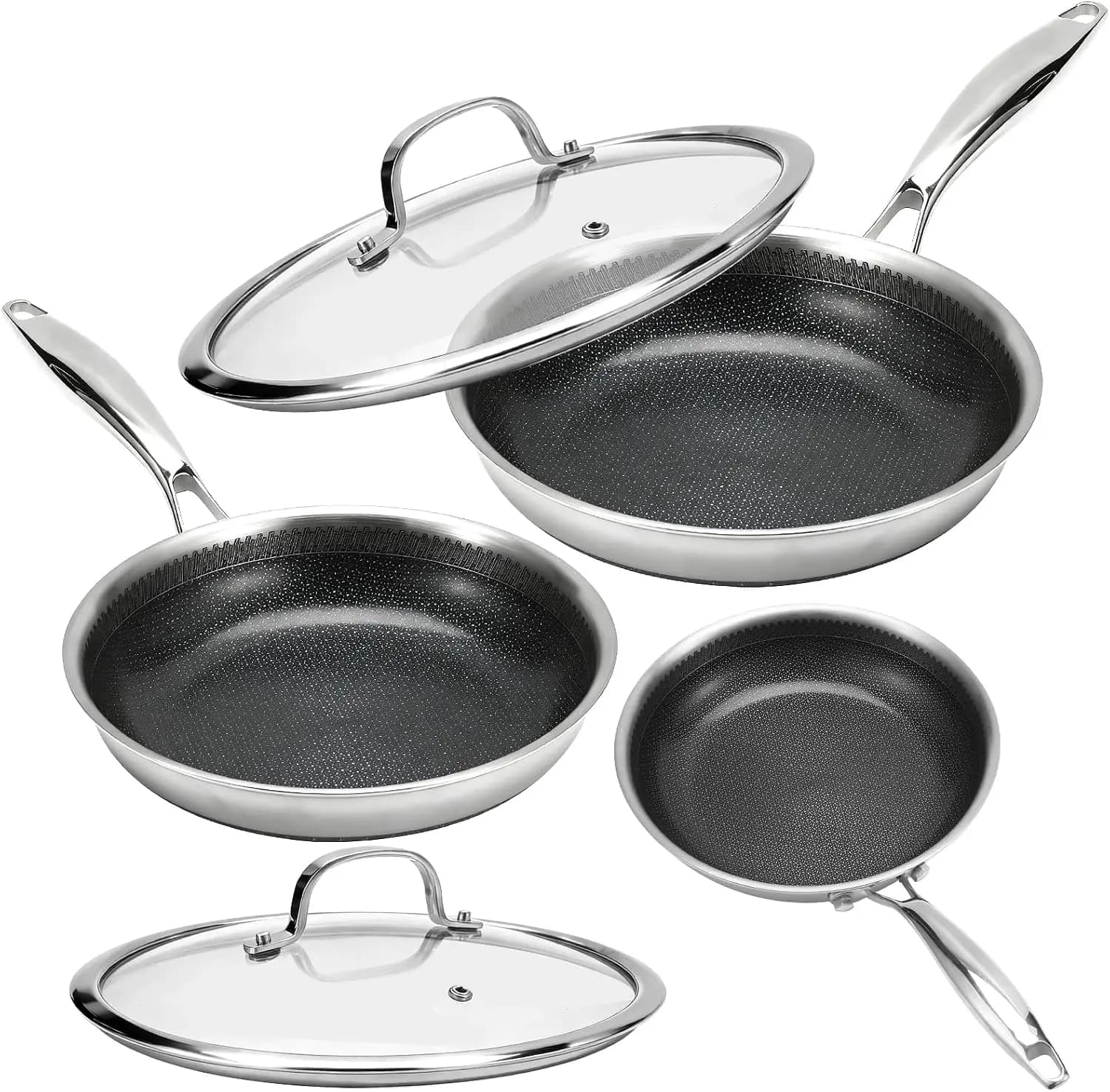 Tri-Ply Stainless Steel Frying Pan Set, Ceramic Nonstick, Induction & Oven Safe to 600°F, PFAS-Free, 8+10+12 Inch