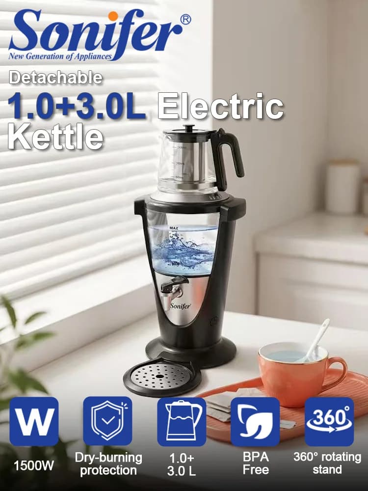 Samovar Elettrico in Vetro Sonifer SF-2144, Bollitore d'Acqua 3L, Teiera 1L, 1500W, con Luce LED Rossa e Blu, Mantenimento Automatico del Calore, 220V