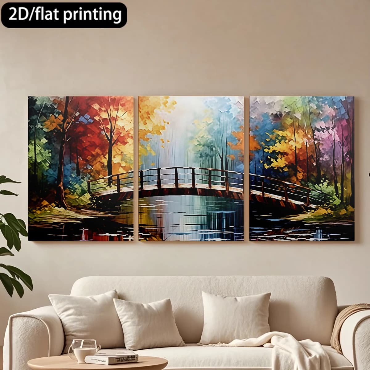 Decorative painting on canvas with wooden frame, 3 pieces, with image of Bridge, reflective pond, autumn forest. Hall decoration, living room.