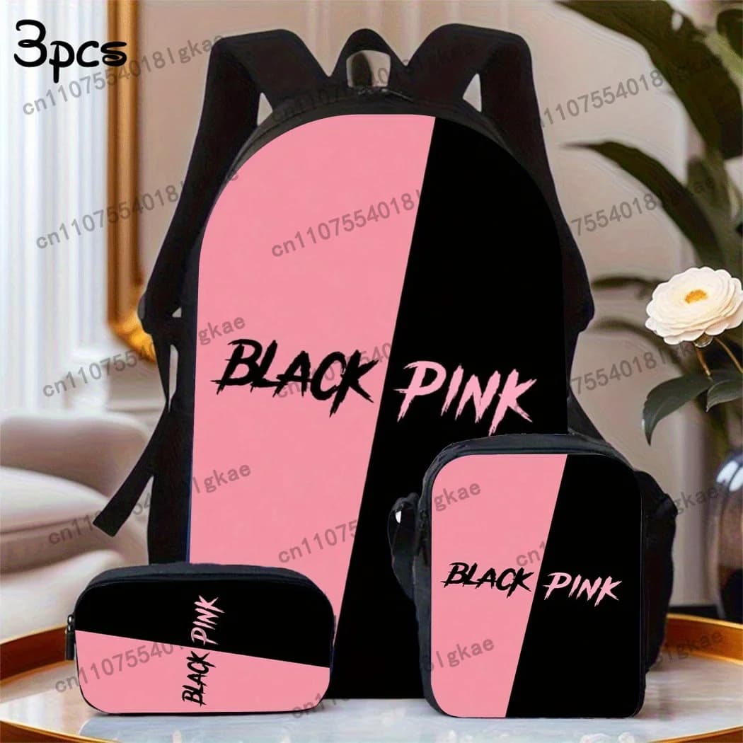 3pcs Summer Essential KPOP Backpack Set includes a large-capacity backpack, a pencil case, and a zippered crossbody bag with adj