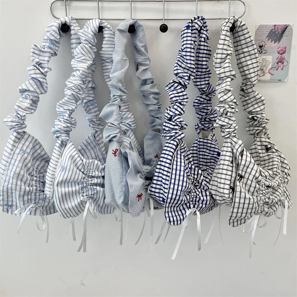 Korean Style Pleated Flap Handbag Blue White Stripe Bow Women Large Capacity Commute Shoulder Crossbody Bag