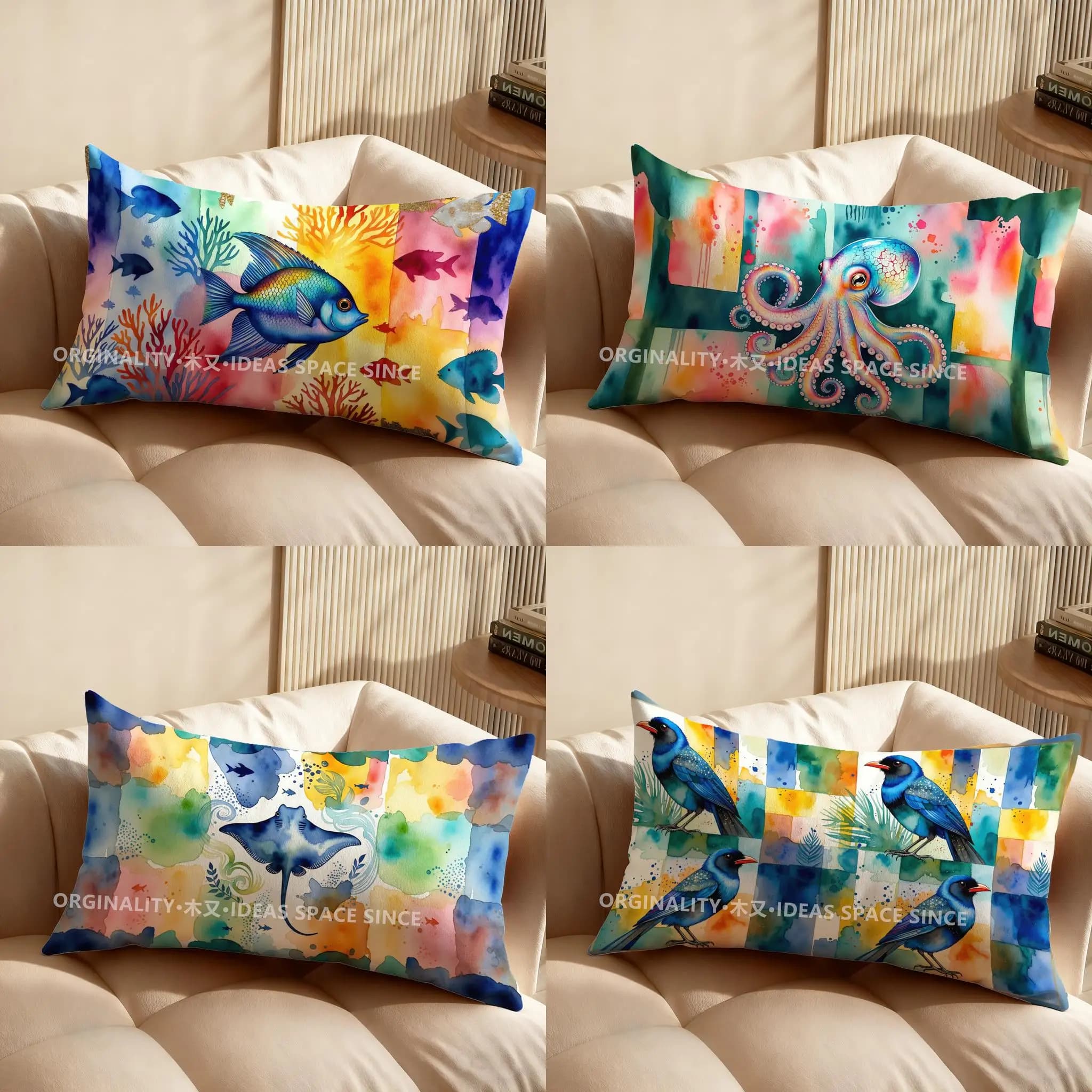 2D pillow case with underwater colorful fish, suitable for sofa, bedroom, car, rectangular back cushion