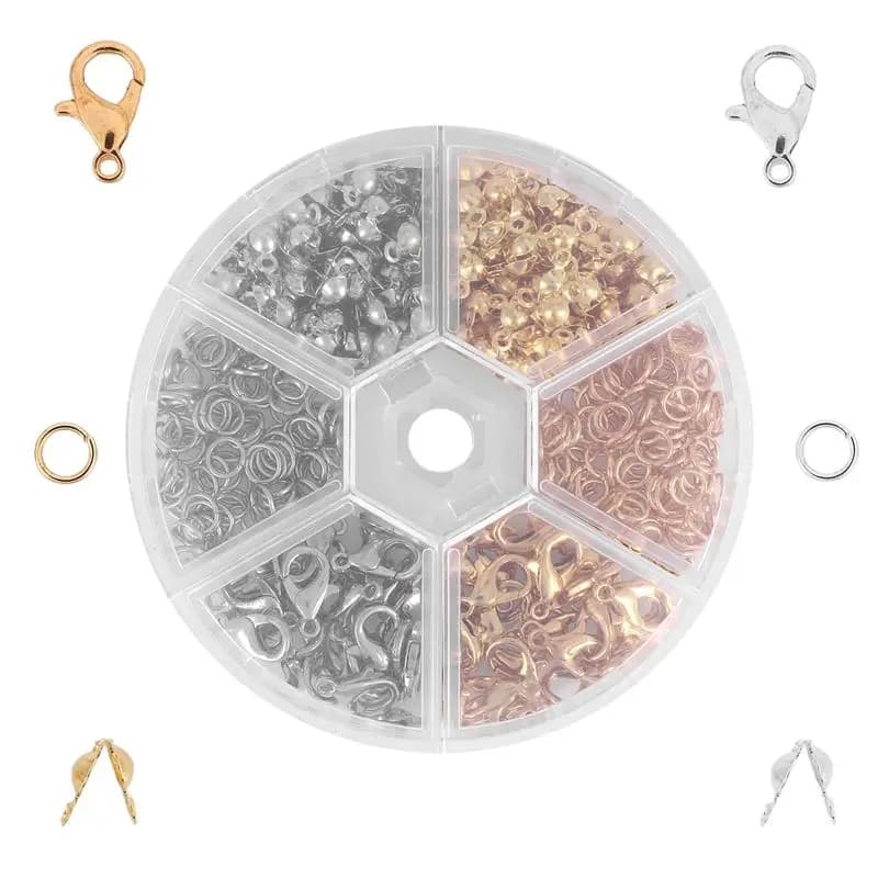 A32HOT-450Pz/Scatola Kit per Creazione Gioielli: Chiusure a Moschettone, Anelli Aperti, Terminali a Crimpare, Perline - Scatola di Componenti per Bracciali e Collane Fatti a Mano