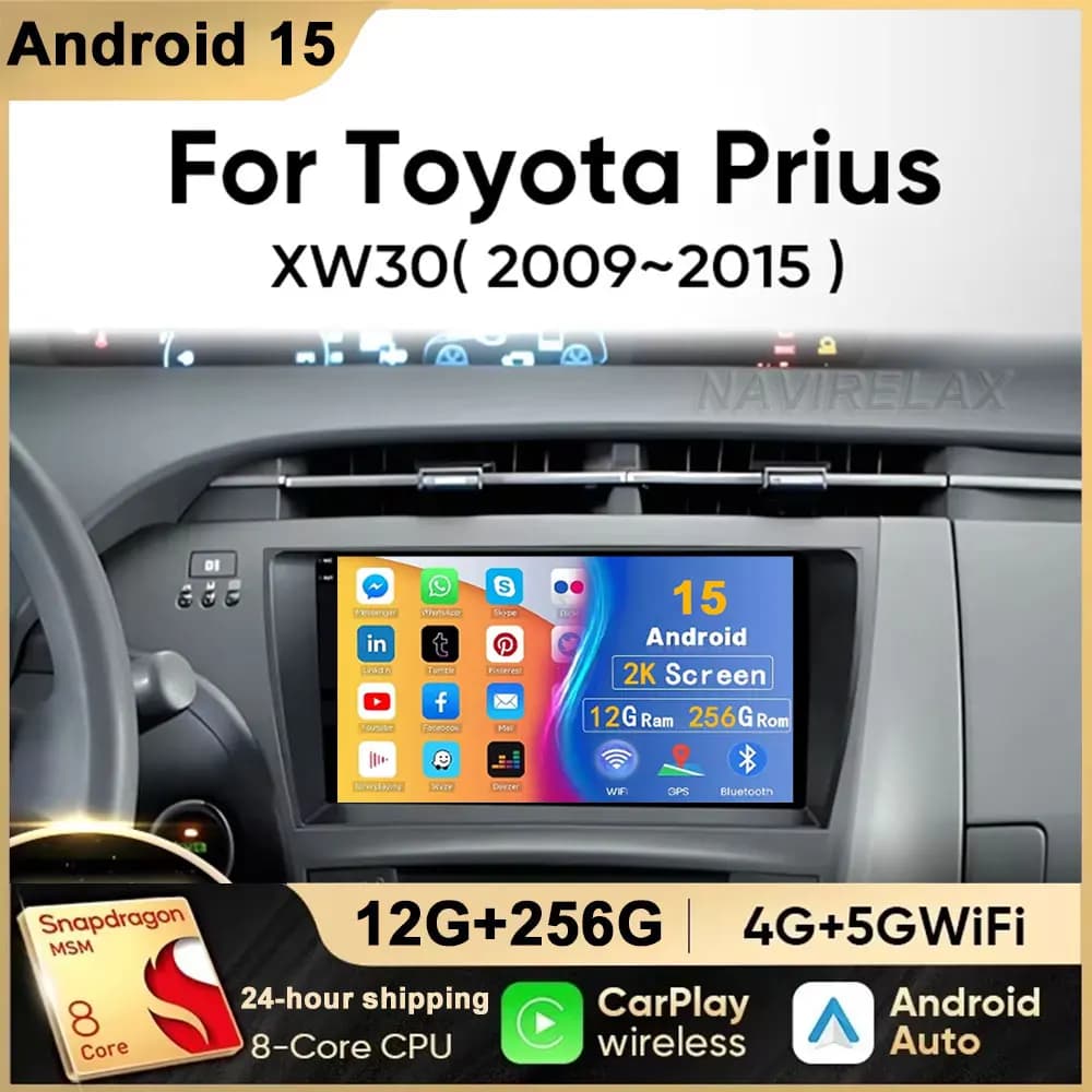 For Toyota Prius 3 XW30 2009-2015 Android 15 Car Radio Multimedia Video Player GPS Navigation Carplay 4G QLED Screen DSP Stereo