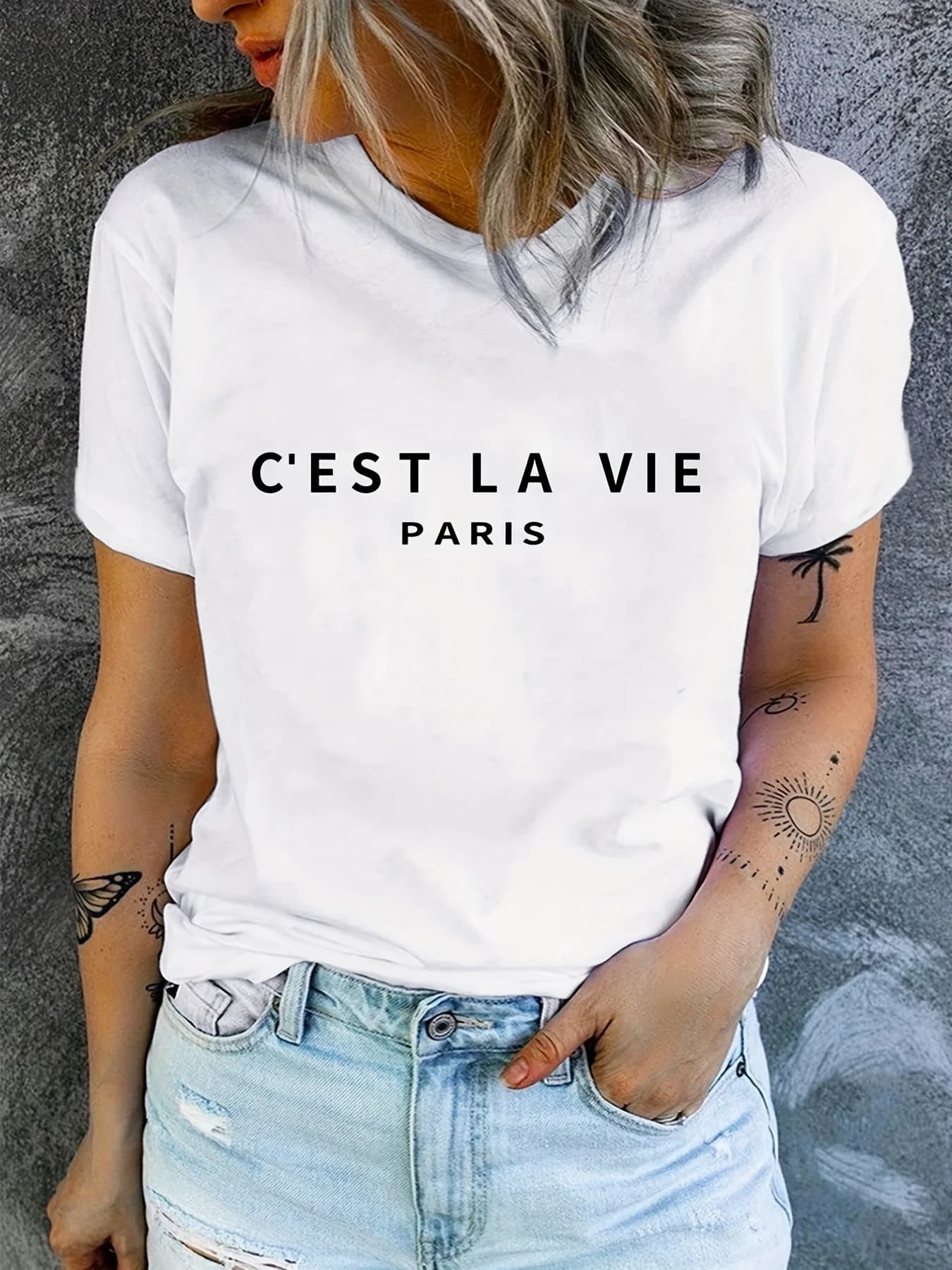 T-shirt girocollo con stampa Paris, T-shirt casual a maniche corte per abbigliamento da donna primaverile ed estivo, top estetici