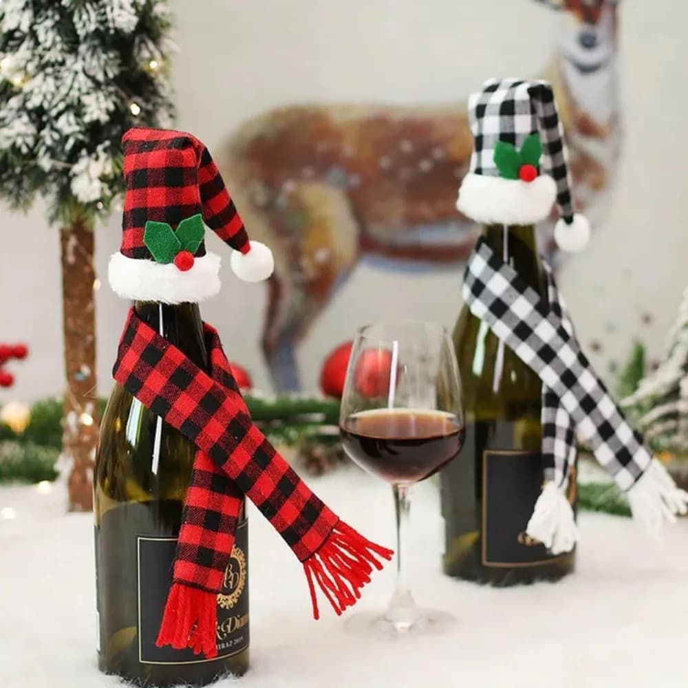 Table Decorations Christmas Wine Bottle Cover Xmas Gift Red Black Xmas Hats Scarf Christmas Decoration Mini Christmas Hat