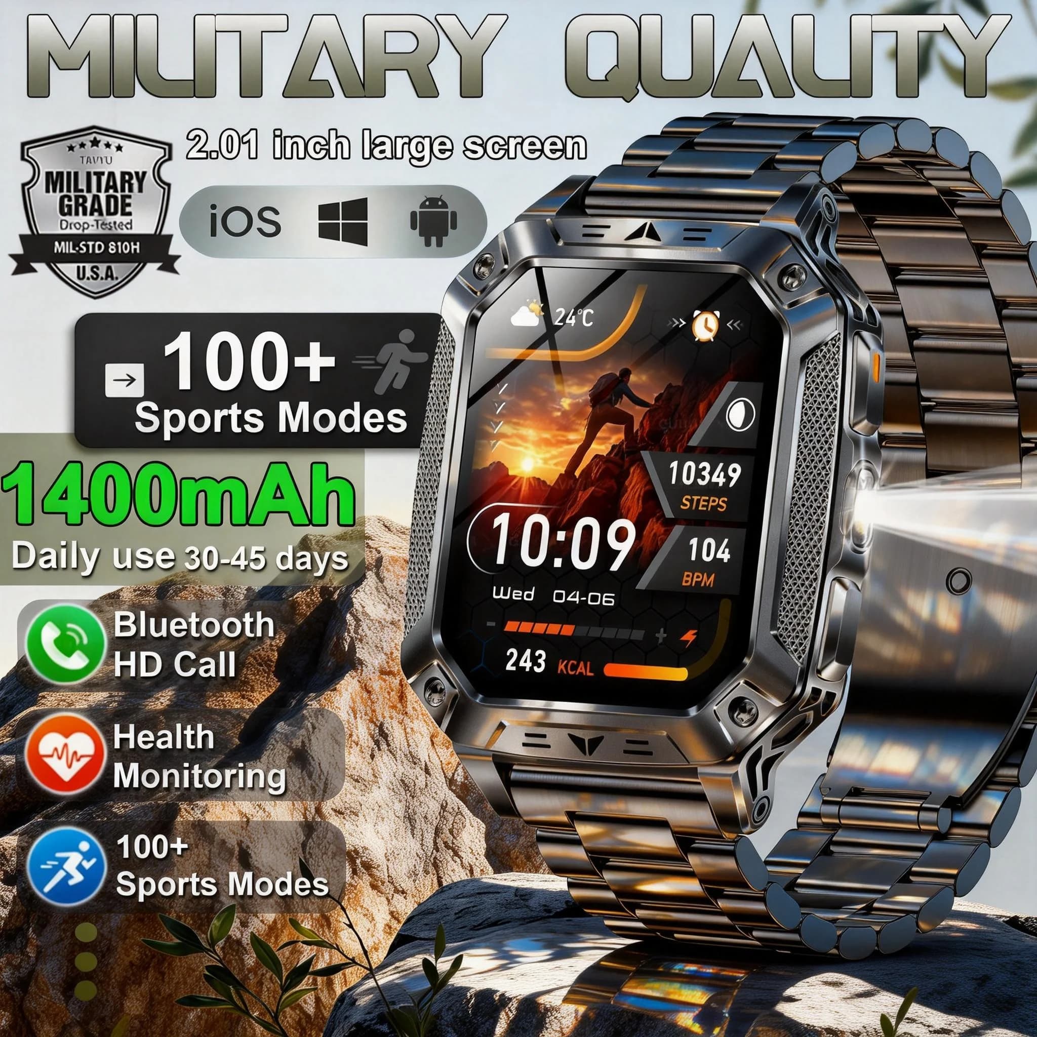 New Military Smartwatch from Exterior with 1400mAh Battery, BT Calls, AMOLED HD Display from 2.01\", Cardiaca Frequency Monitoring, Flashlight, Waterproof