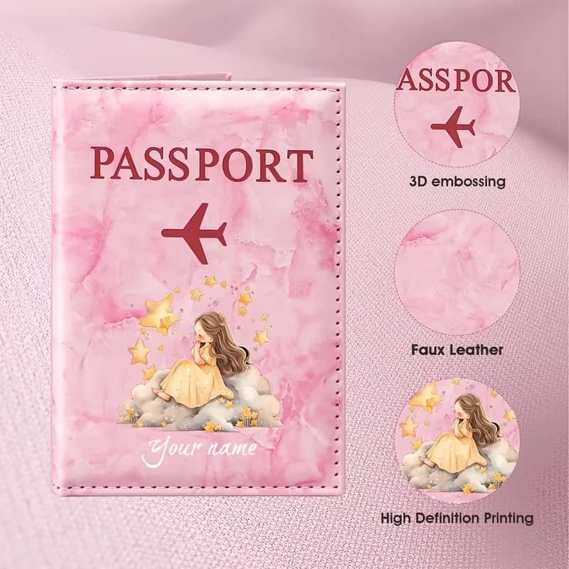Personalized Custom Name Starry Sky Fairy Tale Style Passport Holder, Featuring a Girl Surrounded by Golden Stars and Clouds