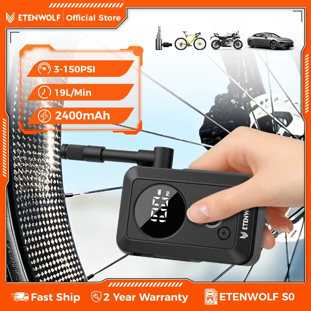 Nuovo display digitale ETENWOLF S0 e gonfiaggio rapido, pompa ad aria senza fili da 150 PSI con batteria da 2400 mAh per biciclette, pneumatici per auto, palline