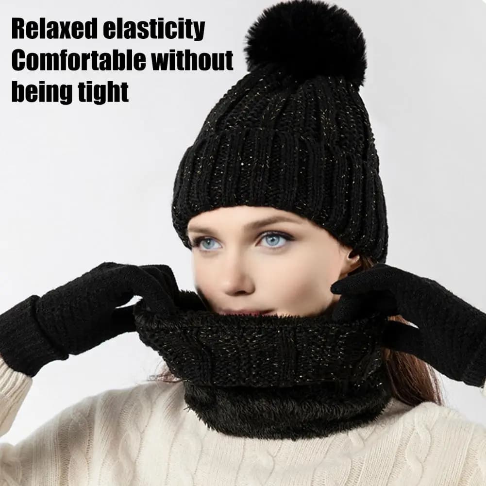 Soft Knitted Winter Accessories Knitted Fabric Hat Gloves Set Winter Knitted Pom Pom Ball Scarf Gloves Set with for Weather