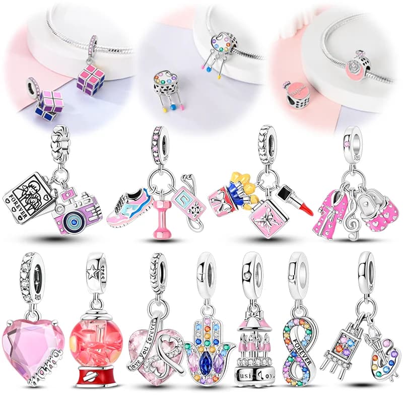Rubik's Cube Paint Board Lipstick Charms Bead 925 Sterling Silver CZ Zircon Dangle Fit Original Bracelet DIY Jewelry Gift