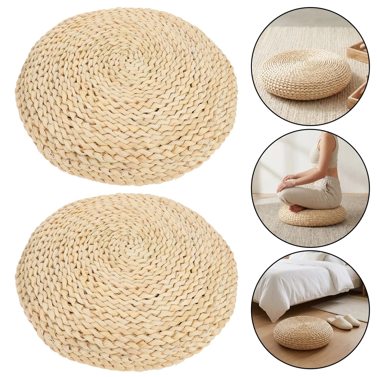 2Pcs Meditation Cushions Handwoven Round Tatami Straw Floor Pillows Sitting Mat Yoga Prayer Seat Pads 11.8x2 Inches