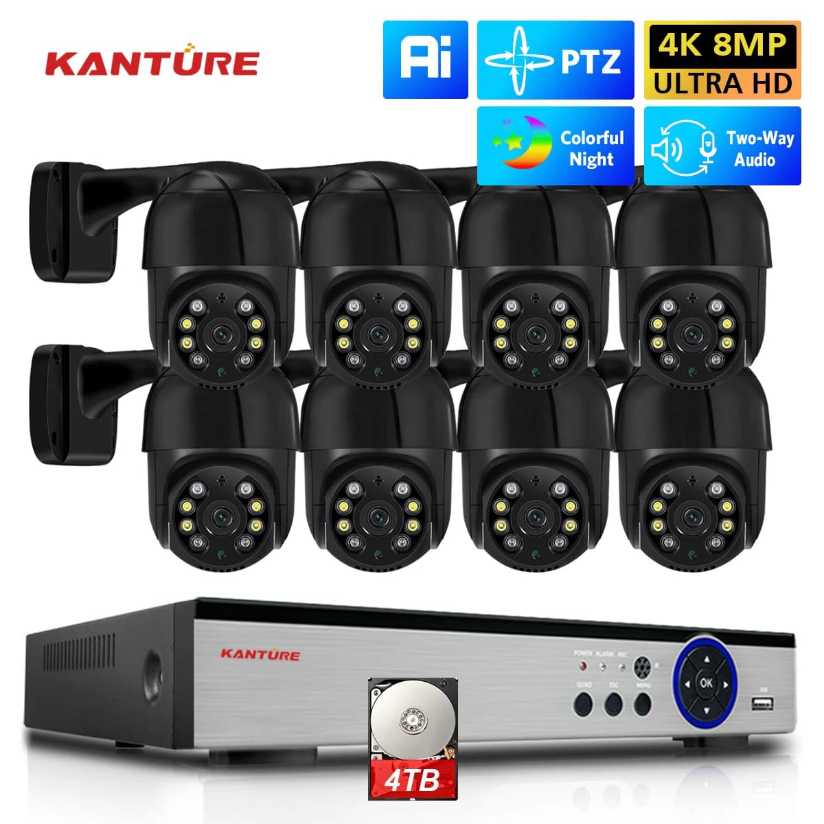 H.265 8CH 4K PTZ Security POE IP Camera System 5MP Human Detection Auto Track Monitoring Camera Audio Bidirectional Video XMEYE