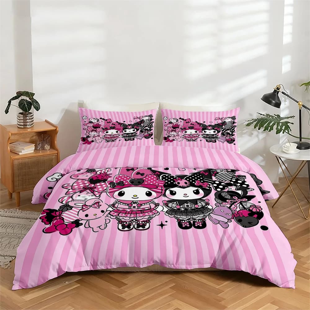 Bed linen set with digital high-definition print in 3 pieces, set with large floral pattern with My Melody and Kuromi, includes 1 headdress + 2 pillowcase, suitable for bedroom, guest room, home decorations, duvet cover + polyester fiber pillowcase, ultra soft bed linen, thick fabric, suitable for all seasons, washing machine