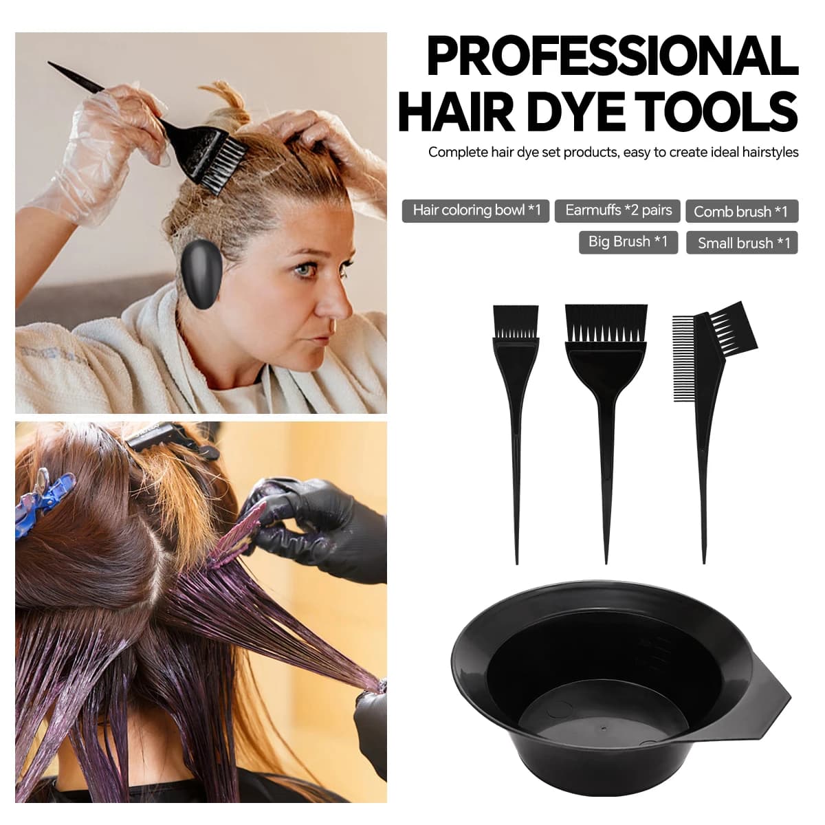 Kit per tintura per capelli da 4 pezzi, ciotola per miscelare con pennello, morsetto professionale in acciaio inossidabile per salone, strumenti per tintura per parrucchiere a casa