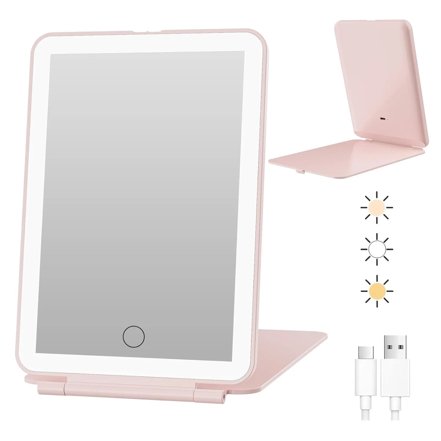 Specchio per trucco da viaggio pieghevole a LED 3 colori Modalità luce Touch screen ricaricabile tramite USB Specchio cosmetico da tavolo portatile portatile