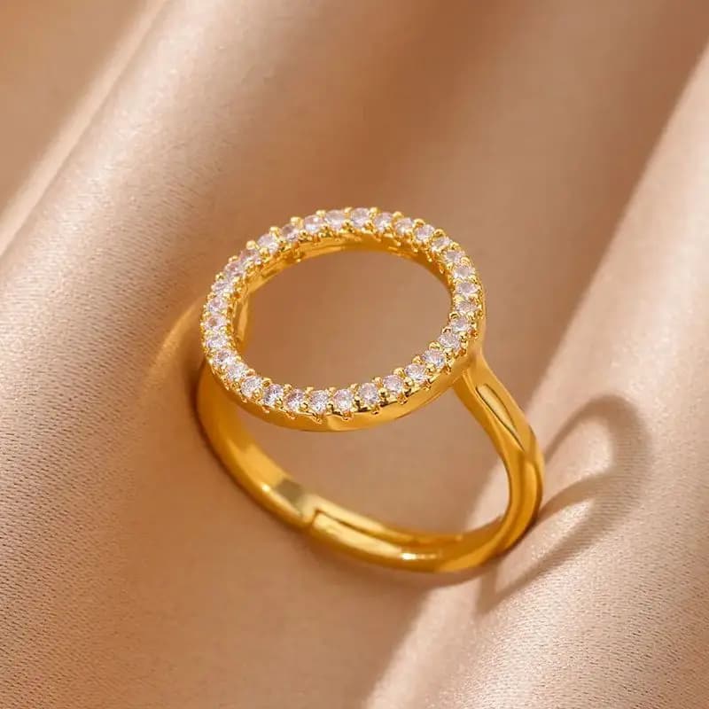 Anello rotondo con zirconi per donna Anello nuziale di fidanzamento regolabile color oro in acciaio inossidabile Regalo di gioielli di moda femminile Nuova tendenza