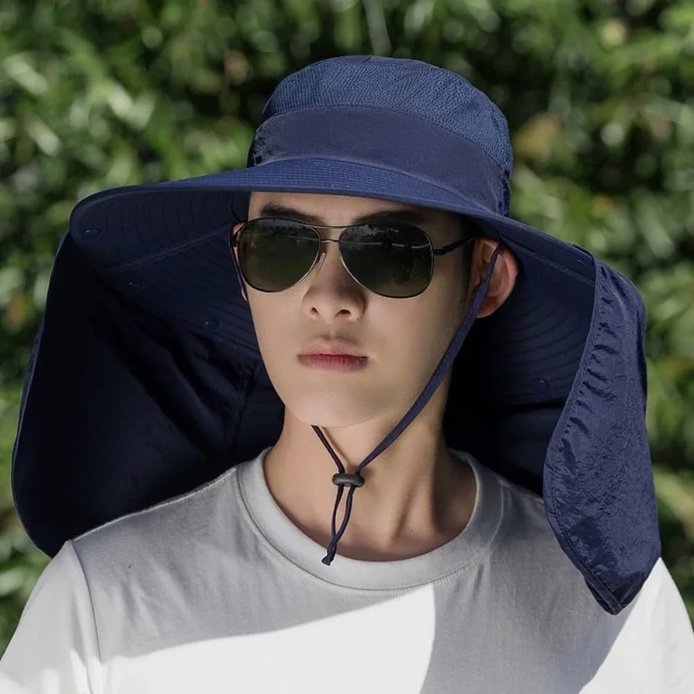 Fashionable men's sun hat with neck protection, wide, summer, bucket type, with removable shawls, fishing hat for excursions