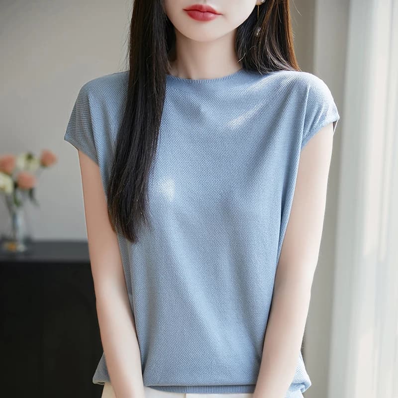 Summer Thin Knitted Shirt for Women 2025 New Fashionable Slim and Versatile T-shirt, Lyocell Sleeveless Short Sleeve Hoodie