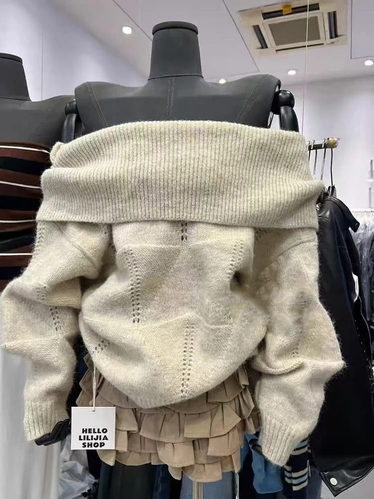 Maglione lavorato a maglia alla moda con scollo a barchetta Maglieria coreana allentata stile pigro con spalle scoperte Y2K Maglioni femminili a maniche lunghe solidi tutti abbinati