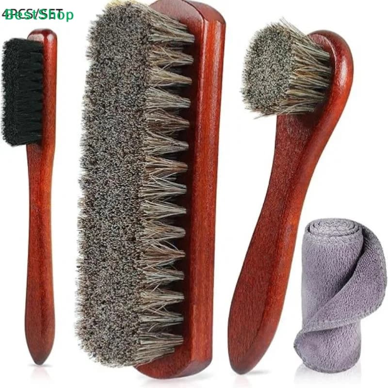 ♥ Kit Premium di Spazzole per Scarpe in Crine di Cavallo - 4 Pezzi con Panno per la Pulizia di Scarpe, Stivali e Borse