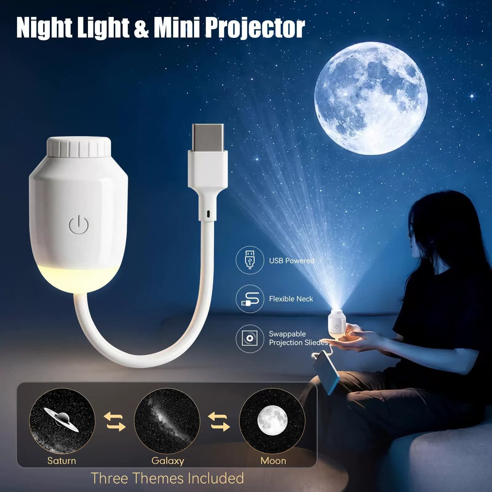 Mini Star Projector Galaxy Night Light, USB Powered Starry Sky Atmosphere Lamp with 12 Slides for Kids Bedroom Car Home Decor