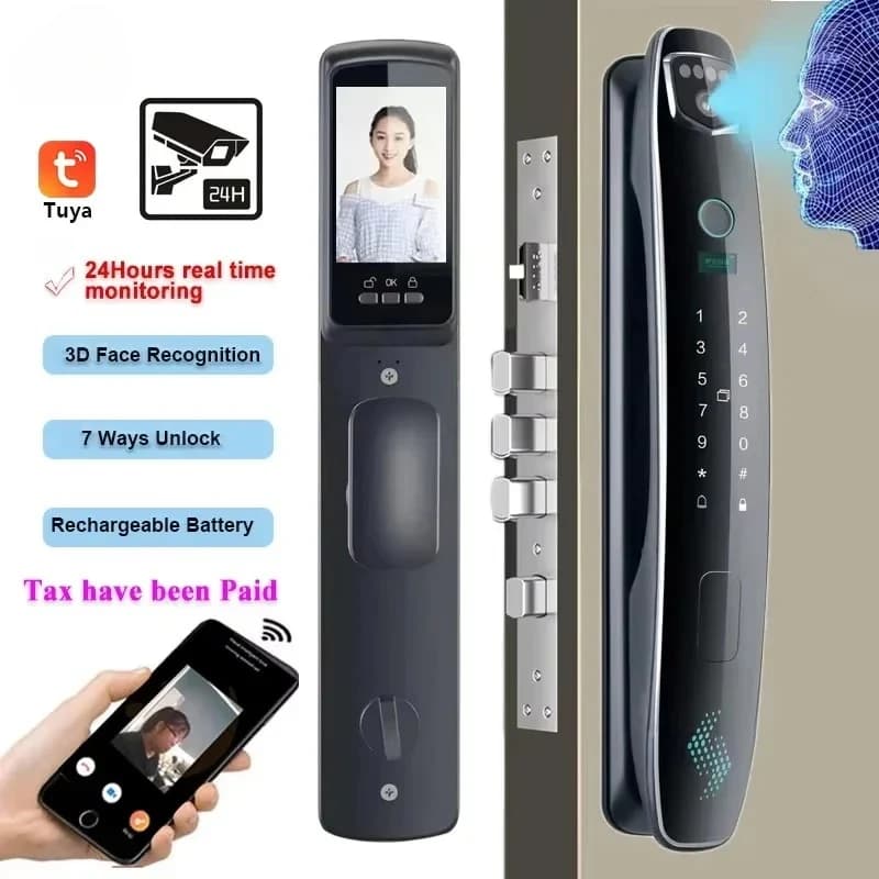 3D Face Recognition Smart Password Door Lock with Video Intercom Feature Biometric Fingerprint IC Card Key Unlock