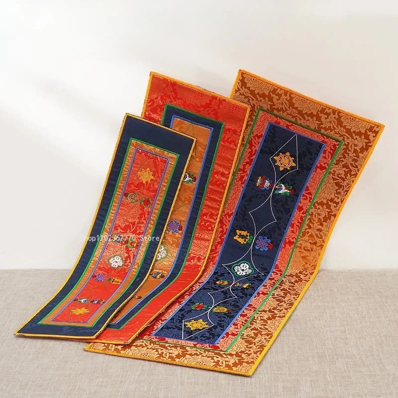 Tibetan Style Handmade Embroidered Eight Auspicious Symbols Long Mat Double Layer Thickened Table Ritual Cushion Meditation