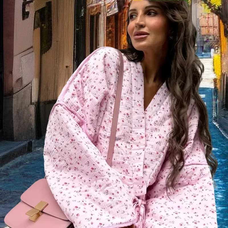 Giacca in cotone con lacci floreale dolce rosa moda autunno/inverno 2025 Giacca con maniche svasate con scollo a V