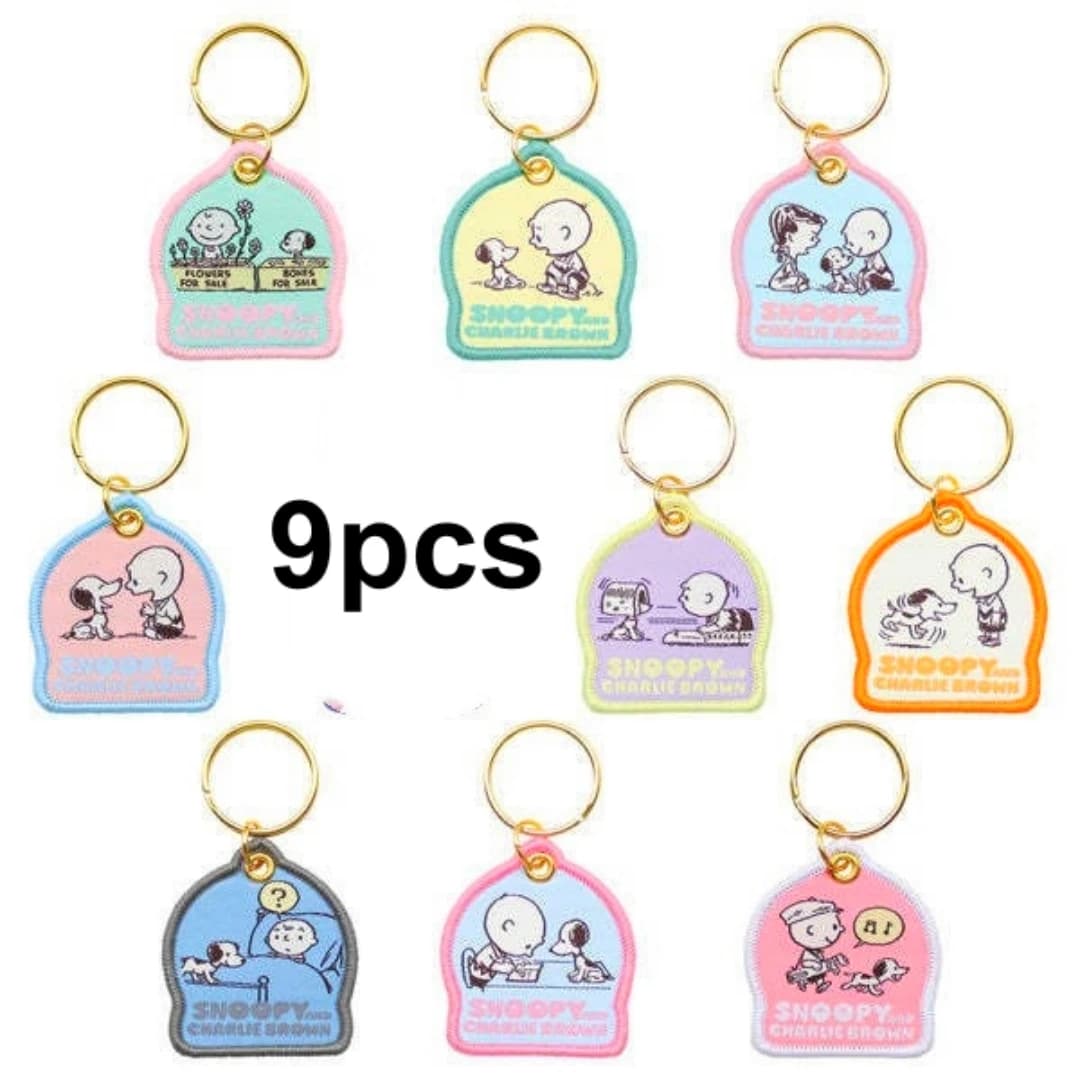 9PCS Japanese Snoopy 75th Anniversary Embroidered Keychain Charm, Cute Cartoon Keyring Bag Decorative Toys