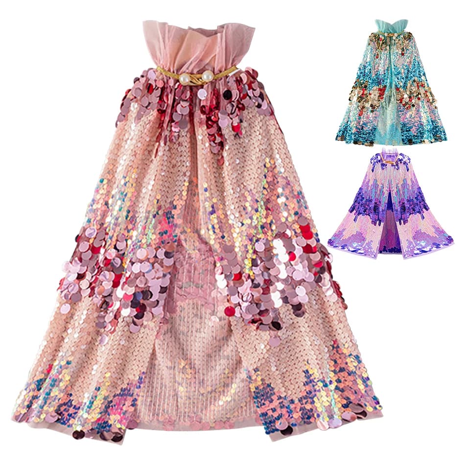 Mantello da Sirena per Halloween per Bambine, Mantello Glitterato per Carnevale, Sciarpa con Paillettes da Principessa per Bambini, Abiti per Feste di Compleanno