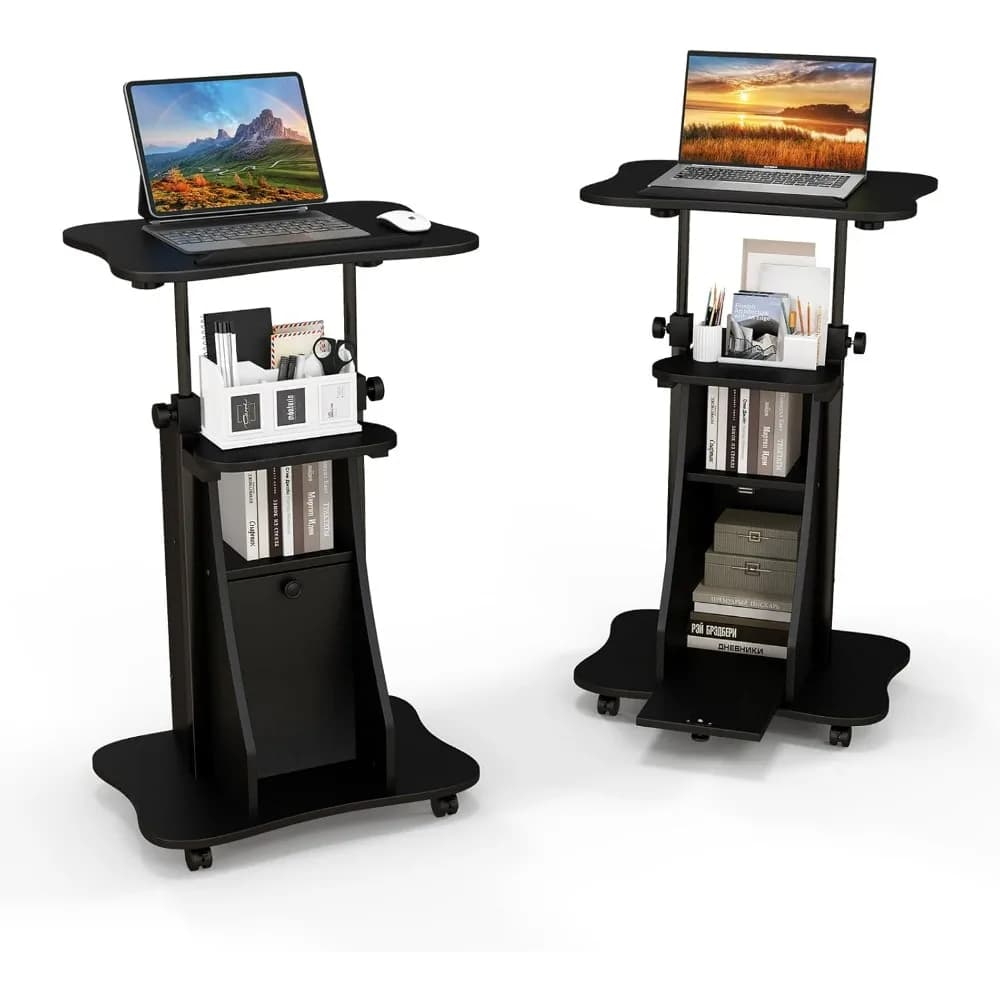 Giantex Supporto per podio mobile, carrello per laptop sit-to-stand con piano inclinabile e armadietto portaoggetti, rotelle con serratura, altezza regolabile