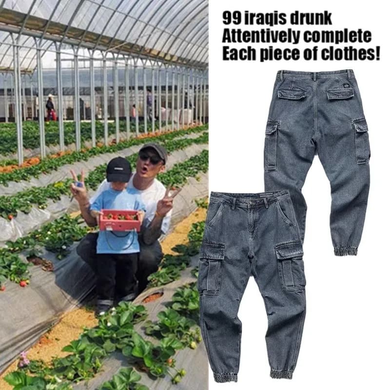 Jeans da Lavoro Stile Americano con Grandi Tasche, Pantaloni Casual Larghi da Uomo, Pantaloni Lunghi alla Moda con Risvolto per Giovani