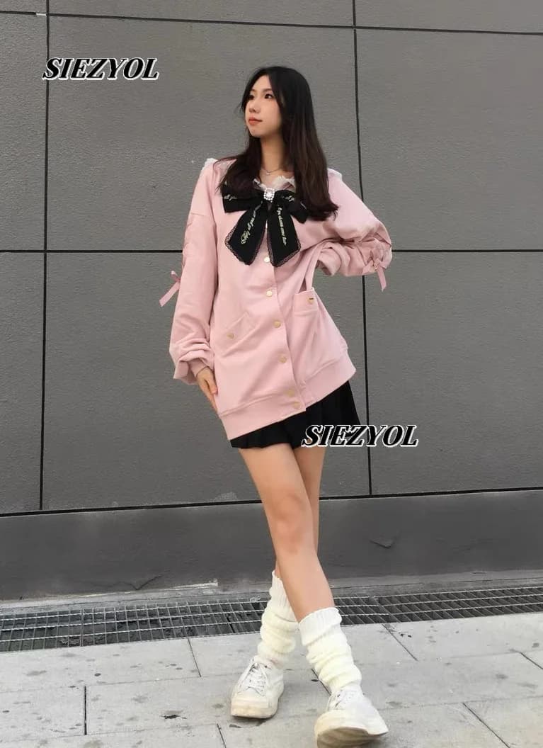 Japanese Style Hoodie Jacket Mass Production Model Sweet Girls Sailor Collar Single Breasted Bow Long Sweatshirt Clothes