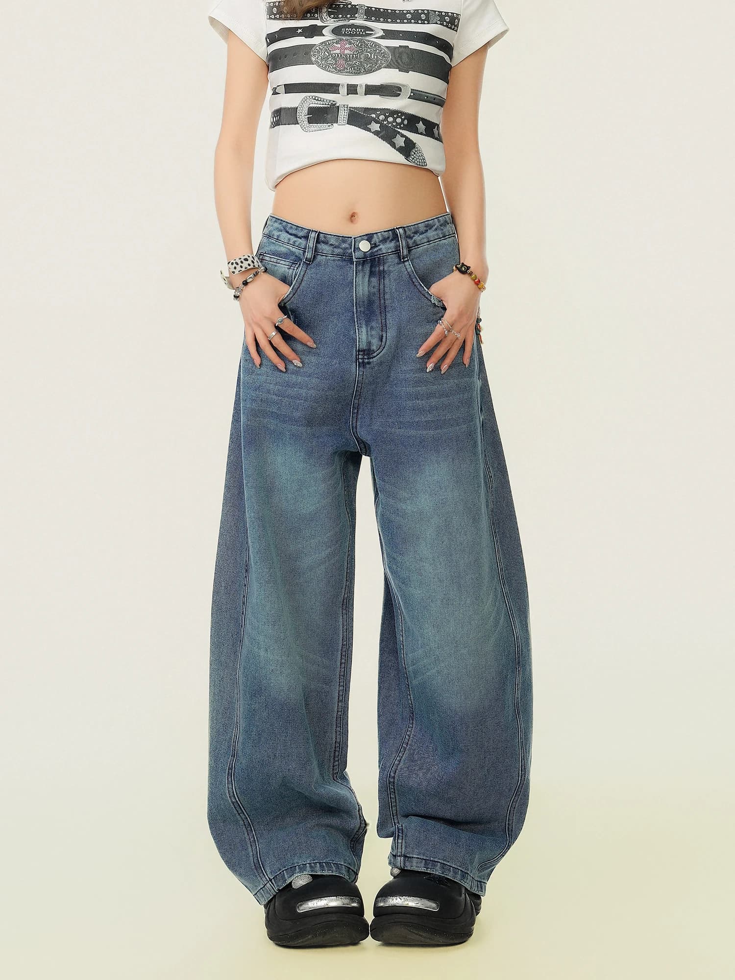 Retro American Style Wide Leg Jeans Women Loose Fit Versatile Design Straight Cut Natural Waist Polyester Deep Blue Casual Wear