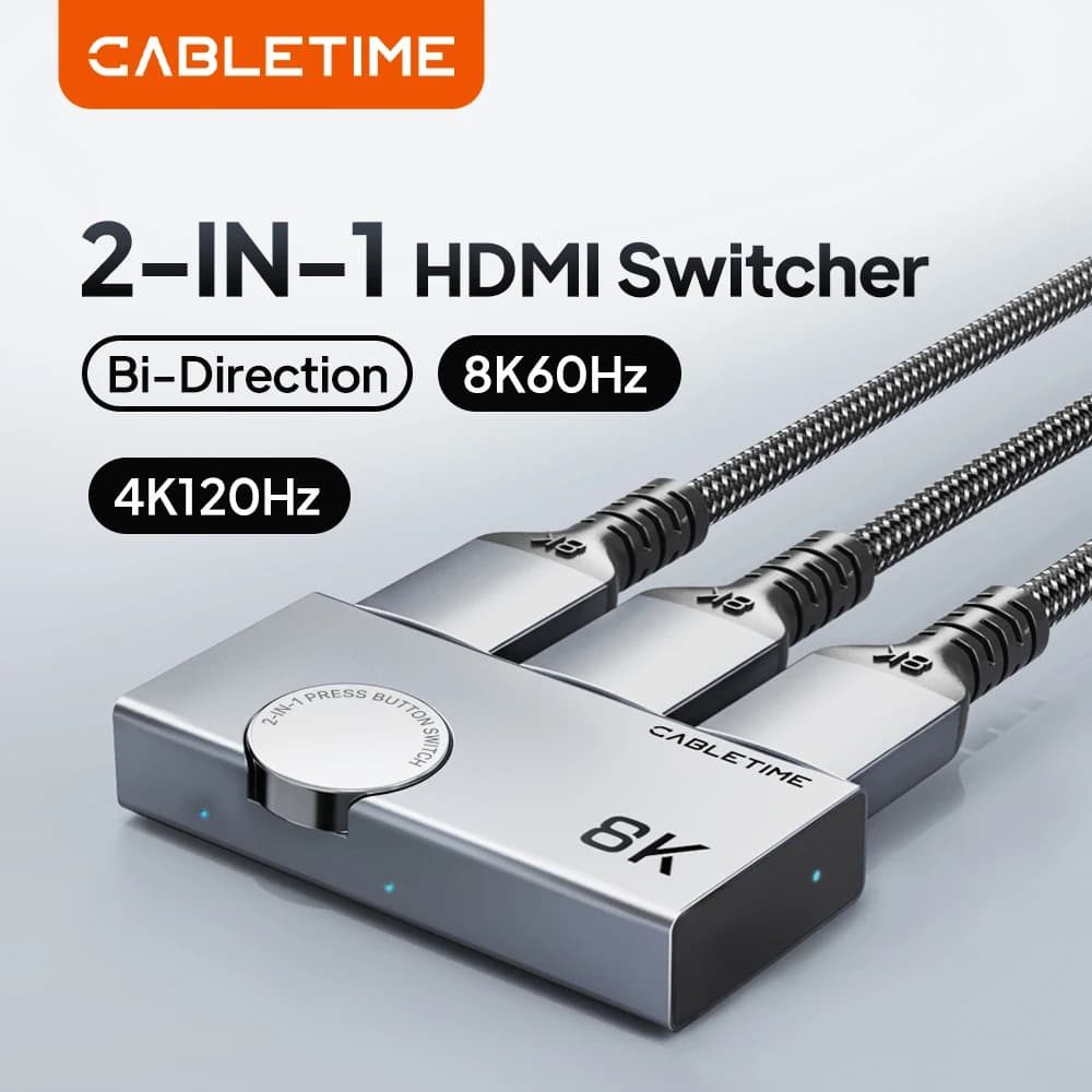 CABLETIME Splitter HDMI 8K 60Hz 4K 120Hz Switcher 2 in 1 Adattatore di design con manopola in alluminio per visione 3D per laptop MacBook Lenovo C457