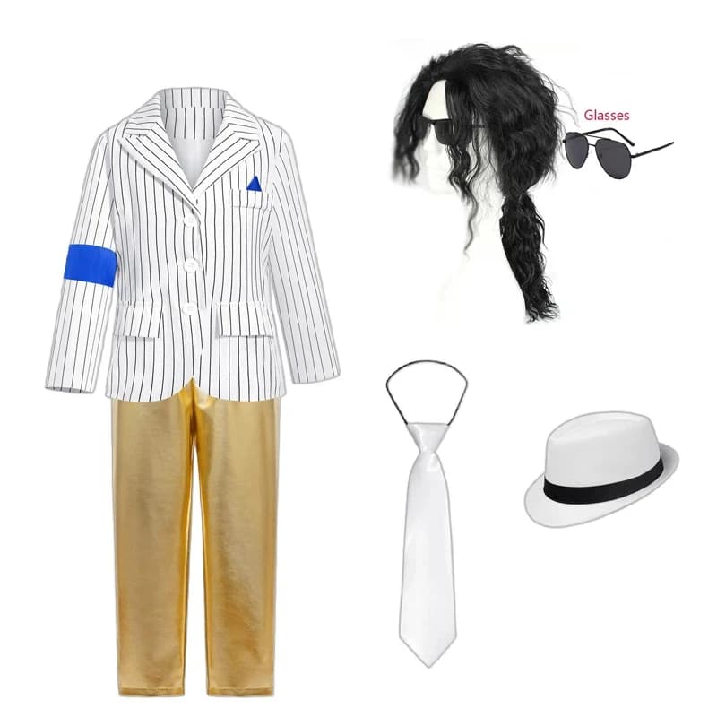 Michael Jackson Cosplay Costume Set with Striped Suit White Shirt And Gold Pants for Stage Performance Halloween Party