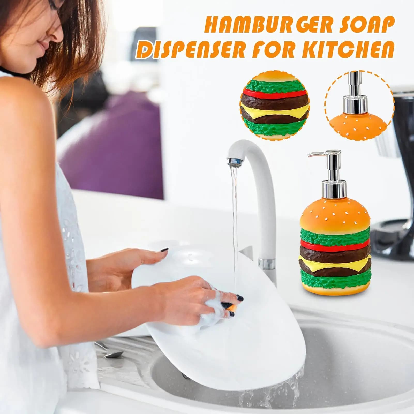 Dispenser di sapone per piatti per hamburger Dispenser di sapone con pulsante a forma di hamburger carino Accessorio per il bagno per le mani del lavello della cucina