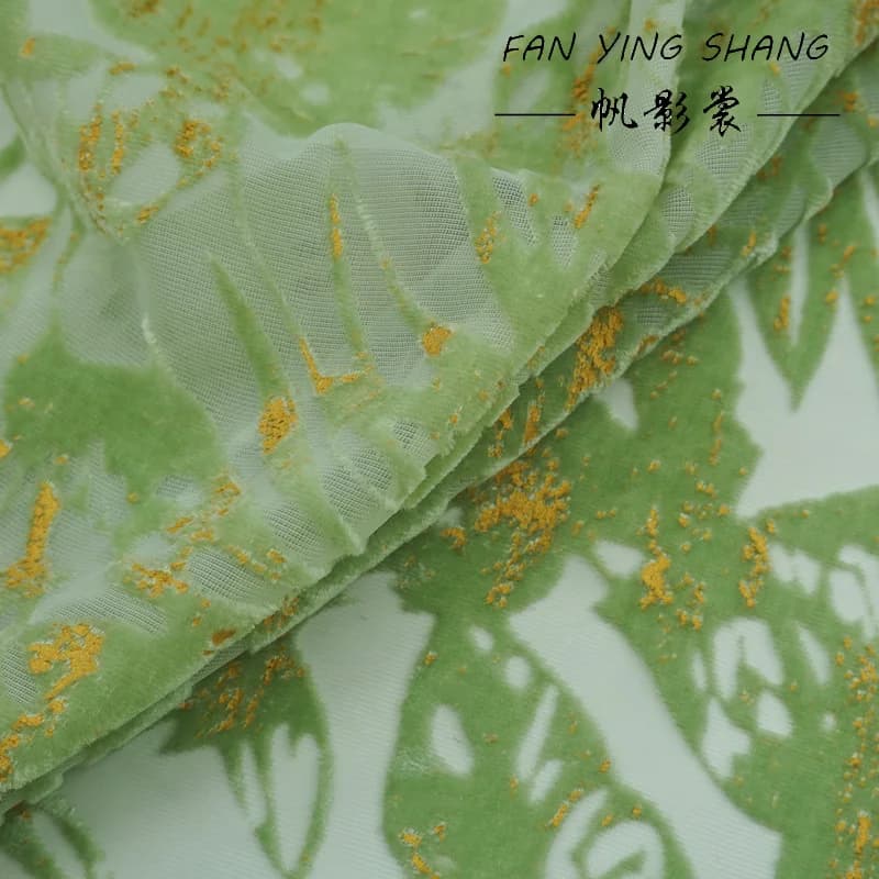 Green Tropical Leaf Burnout Velvet Cloth Gold Foil Print Soft Semi‑Sheer Designer Cloth For Qipao Evening Gown Hanfu DIY Sewing