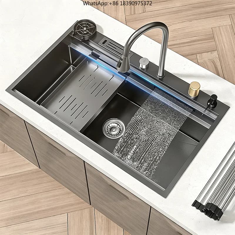 Waterfall Stainless Steel Kitchen Sink Multifunctional With Knife Rack Large Single Slot Wash Vegetables Bowl Undermount Basin
