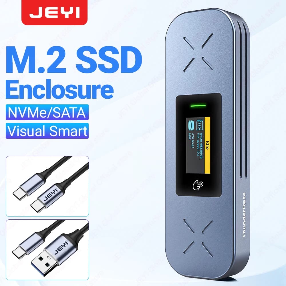 JEYI Visual Smart M.2 NVMe / SATA SSD Custodia, USB 3.2 Gen 2 10 Gbps, Custodia adattatore M2 esterna Supporto M-Key B + Chiave M UASP Trim