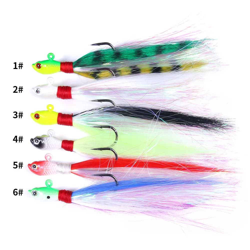 6 Pezzi Jig con Testa Bucktail, Occhi 3D, Esche da 7g, 10g, 21g, 42g, con Piume di Cervo, Esche Artificiali per la Pesca a Jigging