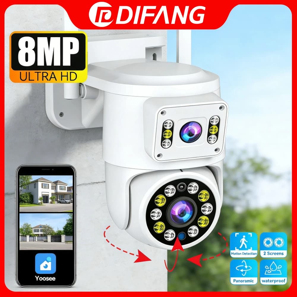 Mini 360 ° Telecamera di Sicurezza WiFi, Yoosee 4K 8MP con Doppio Schermo e Tracciamento Automatico, Audio Bidirezionale e Visione Notturna per Videosorveglianza
