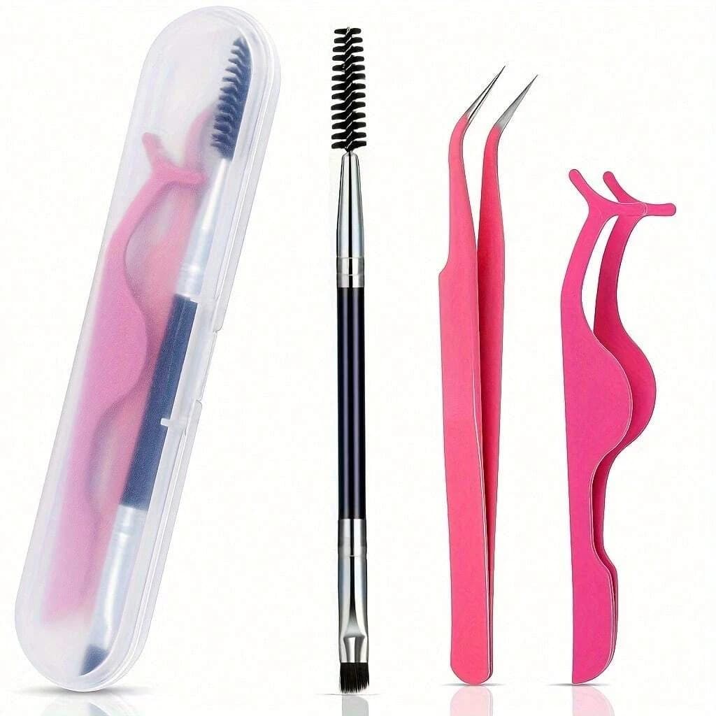 3Pcs Curved Tip Eyelash Tweezers Set With Box Lash Curler Lash Brush False Eyelash Extension Tools Kit